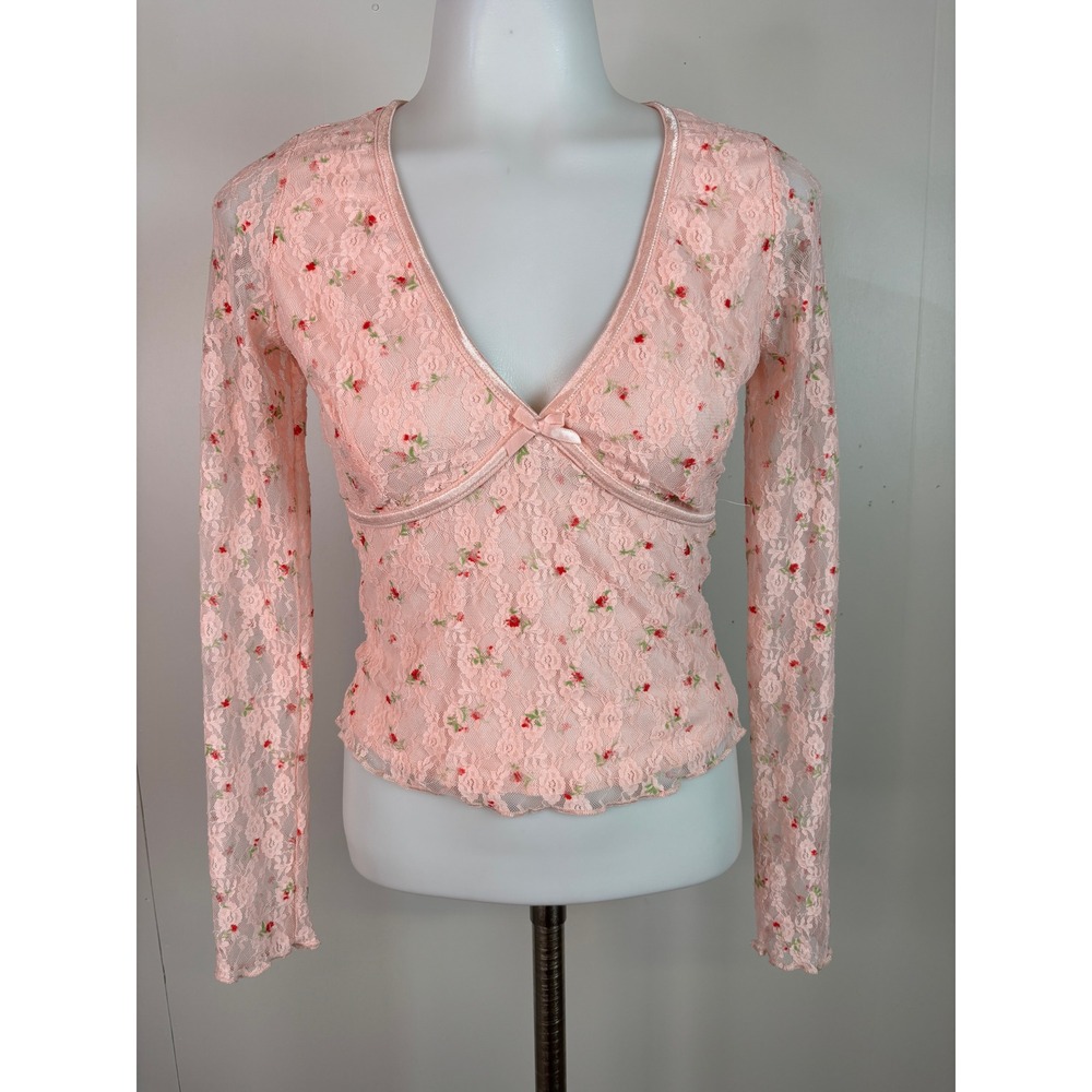 Thirty/Thirty Y2K Top XS Pink Floral Lace Sheer Sleeve V-Neck Bow Women
